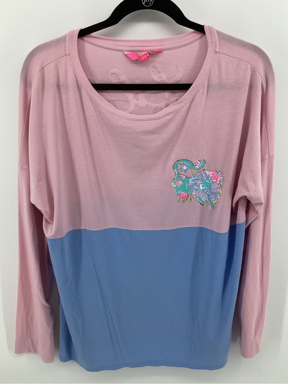 Lilly Pulitzer Pink & Blue Finn Colorblock Long Sleeve Top with Lion